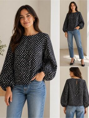 Marita Huurinainen Black White Polka Dot Cotton Blouse Balloon Sleeve Top M
